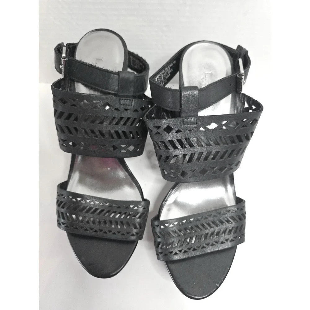 Lauren RL Georgina Black Leather Laser Cut Wood Wedge Platform Sandals 8B